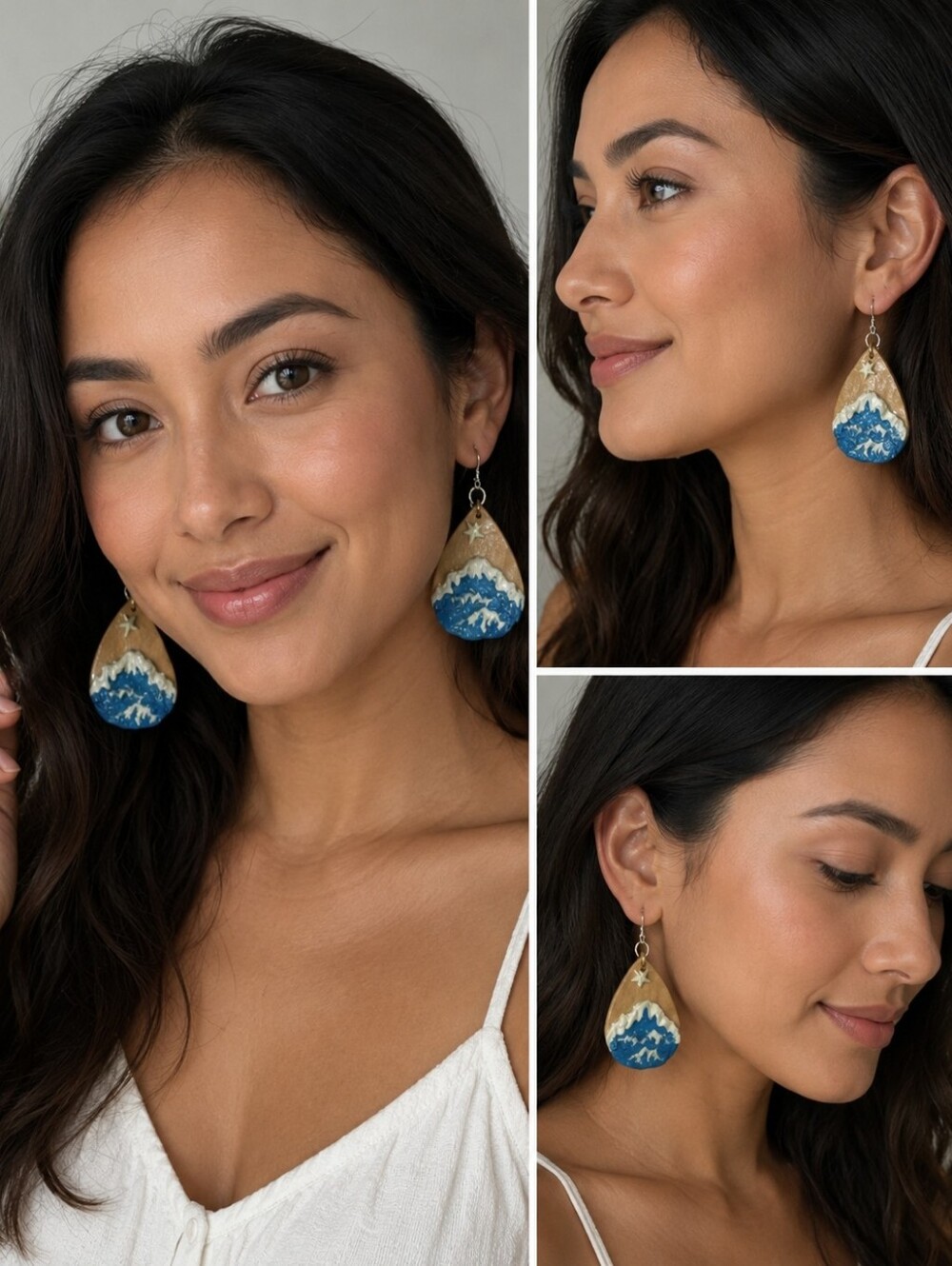 Hand-Painted Sandy Blue Wave Teardrop Earrings